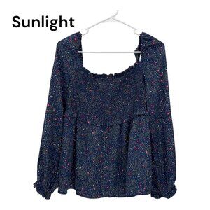 Umgee Womens Floral Print Long Sleeve Smocked Front Peasant Top Navy & Pink SZ M